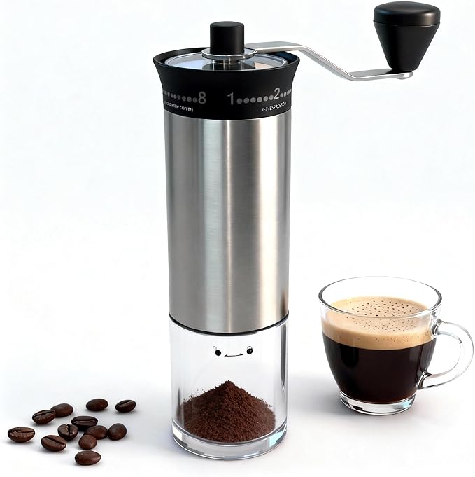 LAMIDO Mini Manual Coffee Grinder - 56 External Grind Settings, Stainless Steel Body & Crank, Ceramic Burr, Portable Hand Grinder for Travel, Camping, Home Brewing - Stainless Steel