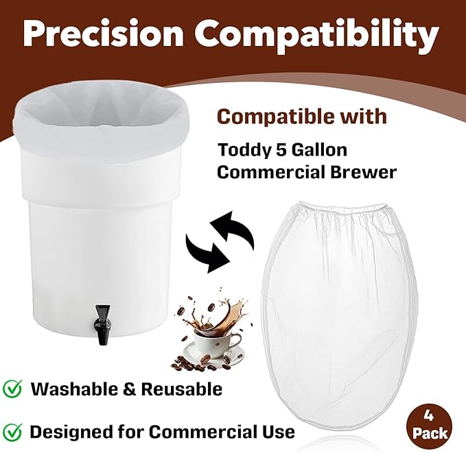 4-Pack Cold Brew Coffee Filter Bag - Compatible with 5 Gallon Toddy Cold Brew System, Washable & Reusable Nylon Mesh Filter for Commercial/Home Brewers, High-Efficiency Filtration