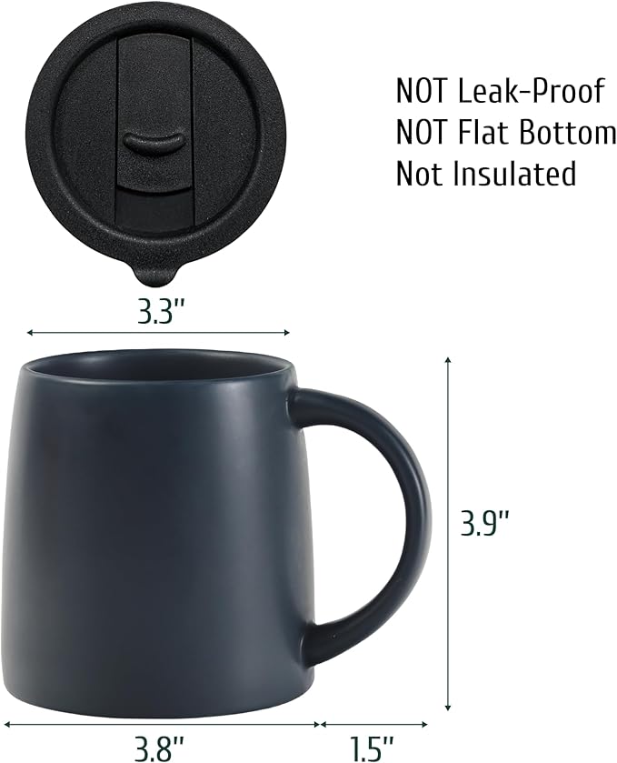 Classic Mug, 14 oz Large Coffee Mug with Handle, Ceramic Porcelain Tea Cup, Smooth Matte (Sliding Lid, Black)