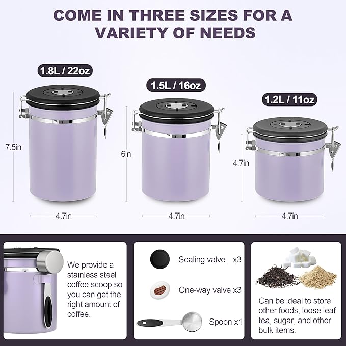ShanSon Coffee Canister Airtight Coffee Container Stainless Steel Coffee Bean Storage Container with Scoop Coffee Canister for Beans Grounds Sugar Flour Tea Cereal,22OZ, Purple