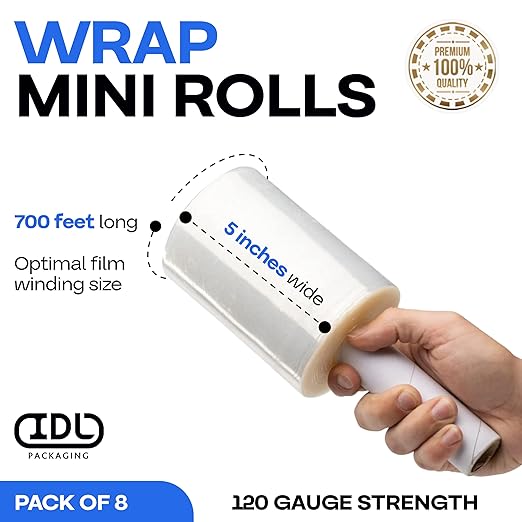 IDL Packaging 5" Stretch Wrap Mini Roll, 700 feet, 120 Gauge (Pack of 8) with an Extended Cardboard Handle - Industrial Grade Clear Plastic Wrap - Improved Protection for Packing, Moving, and Office