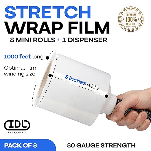 IDL Packaging 5" x 1000' Stretch Wrap Mini Roll of 80 Gauge (Pack of 8 Rolls) with Plastic Reusable Handle - Extra Sticky Clear Stretch Wrap Film - Tear-Resistant Plastic Wrap for Moving