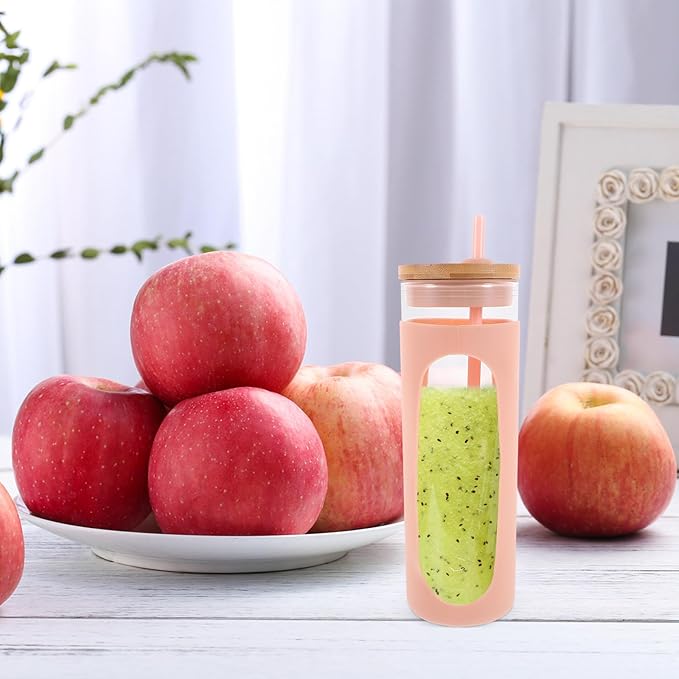 Glass Water Cup with Lid and Straw, Reusable Glass Tumbler with Silicone Sleeve, 16oz Coffee and Juice Drinking Cup for Cold Brew and Beverage on The Go