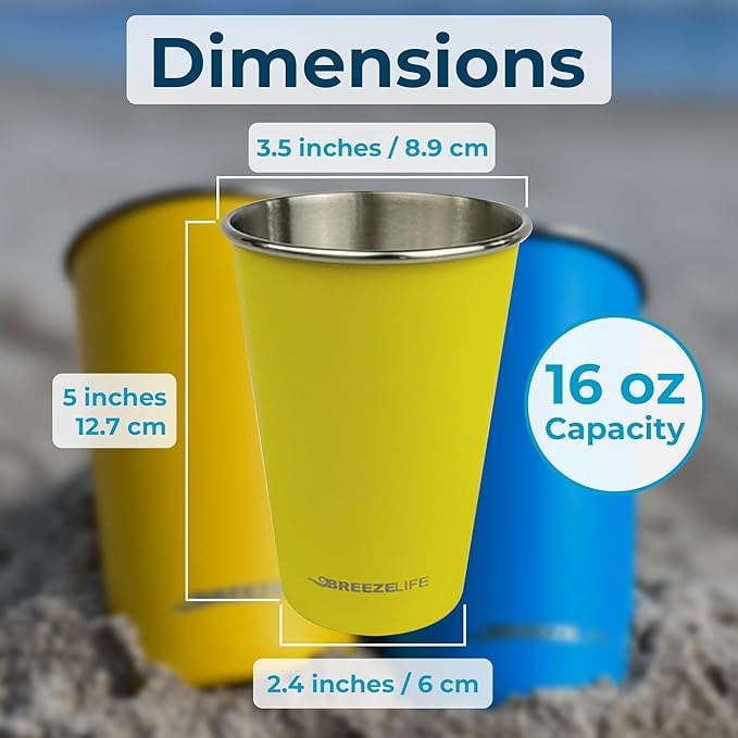 Breeze Life Stainless Steel Metal Cup Drinking Tumblers, Stackable, Shatterproof, Great for Camping, Outdoor Picnic, Festivals, BBQ Tailgating, 4-Pack, Blue, Gray, Yellow, White.
