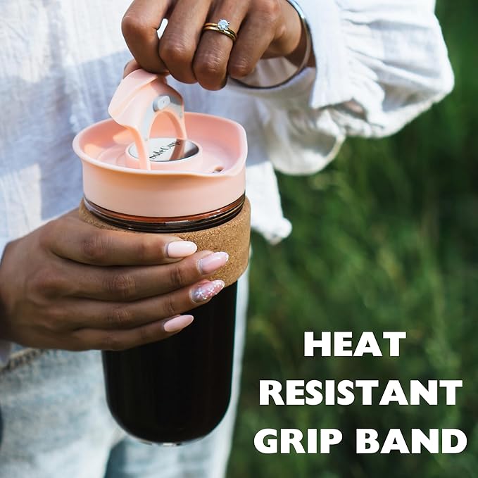 Large Travel Mug - Reusable Insulated Coffee Mug - 18oz/530ml BPA-Free Hot Drink Travel Mug with Lid & Cork Band (Gray and Pink)