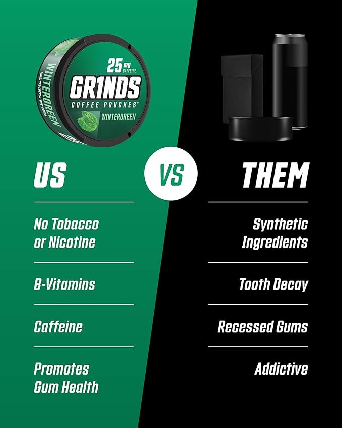 Grinds Coffee Pouches | Wintergreen Flavor | 6 Cans | Brew-Free Coffee Alternative | 18 Pouches Per Can