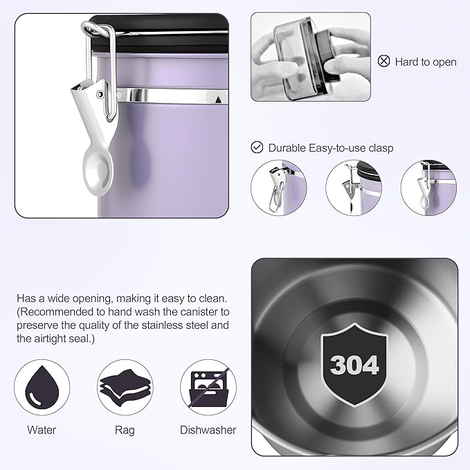 ShanSon Coffee Canister Airtight Coffee Container Stainless Steel Coffee Bean Storage Container with Scoop Coffee Canister for Beans Grounds Sugar Flour Tea Cereal,22OZ, Purple