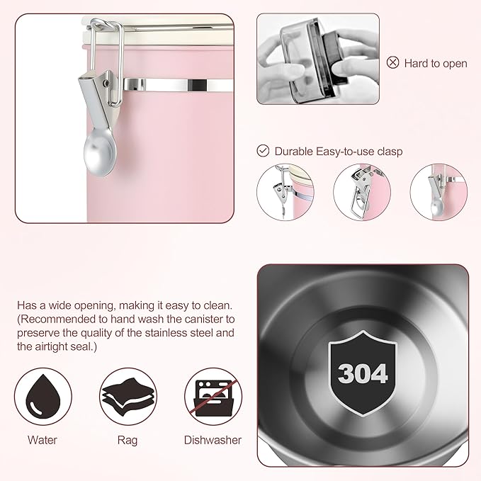 ShanSon Coffee Canister Airtight Coffee Container Stainless Steel Coffee Bean Storage Container with Scoop Coffee Canister for Beans Grounds Sugar Flour Tea Cereal,22OZ, Pink