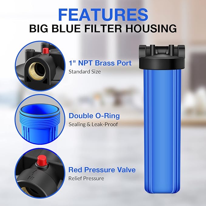 SimPure Whole House Water Filter Housing (DB20P), 20" x 4.5" Sediment Carbon Filter Universal Housing, Pre-Filtration System for Well and City Water, 1" NPT Port, Pressure Release