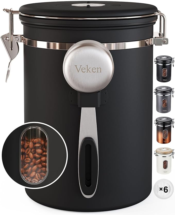 Veken Coffee Canister Gift Set with Window, Airtight Stainless Steel Kitchen Food Storage Container with Date Tracker and Scoop for Grounds Coffee, Beans, Tea, Flour, Cereal, Sugar, 22&16OZ,Black