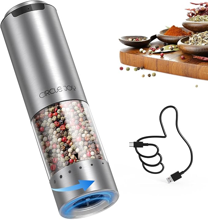 CIRCLE JOY Electric Pepper Grinder Stainless Steel Rechargeable Pepper Mill with External Adjustable Coarseness, 95ml Container and White LED Light, Silver