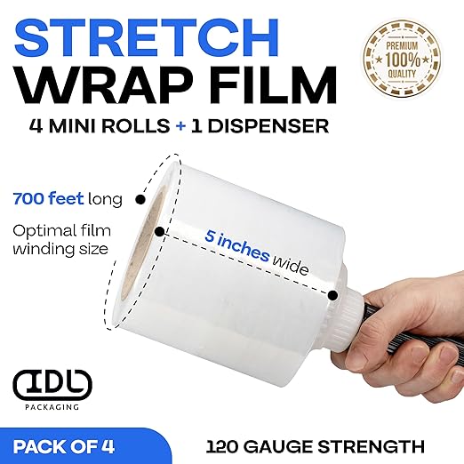 IDL Packaging 5" Stretch Wrap Mini Roll, 700 feet, 120 Gauge (Pack of 4) with a Plastic Handle Included – Industrial Grade Clear Plastic Wrap – Improved Protection for Packing, Moving, or Office