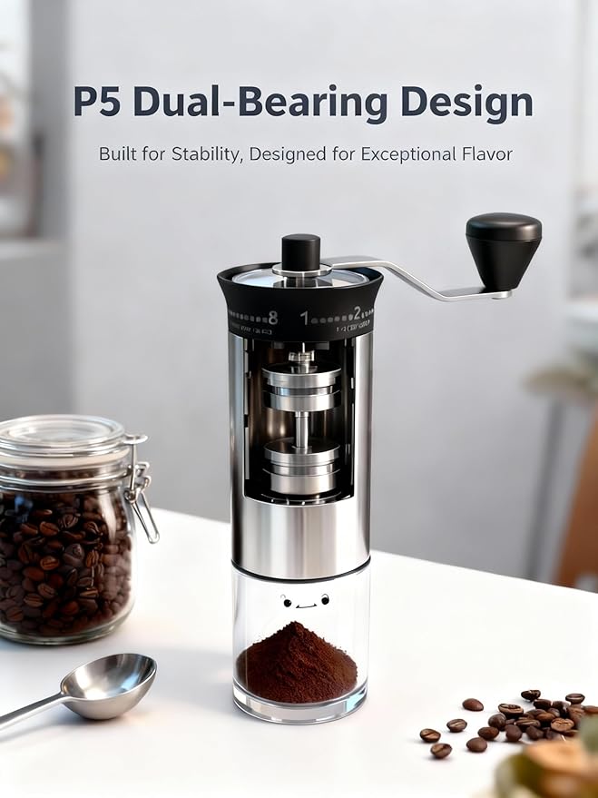 LAMIDO Mini Manual Coffee Grinder - 56 External Grind Settings, Stainless Steel Body & Crank, Ceramic Burr, Portable Hand Grinder for Travel, Camping, Home Brewing - Stainless Steel