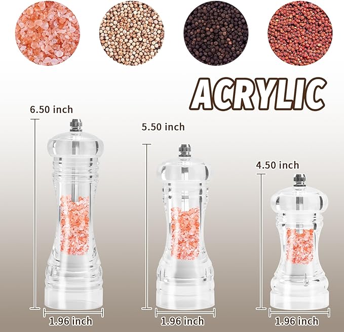 Clear Acrylic Pepper Grinder Mill, Salt and Pepper Shaker Salt Grinder Pepper Mill, Refillable with Adjustable Coarseness Ceramic Rotor (5 inch)