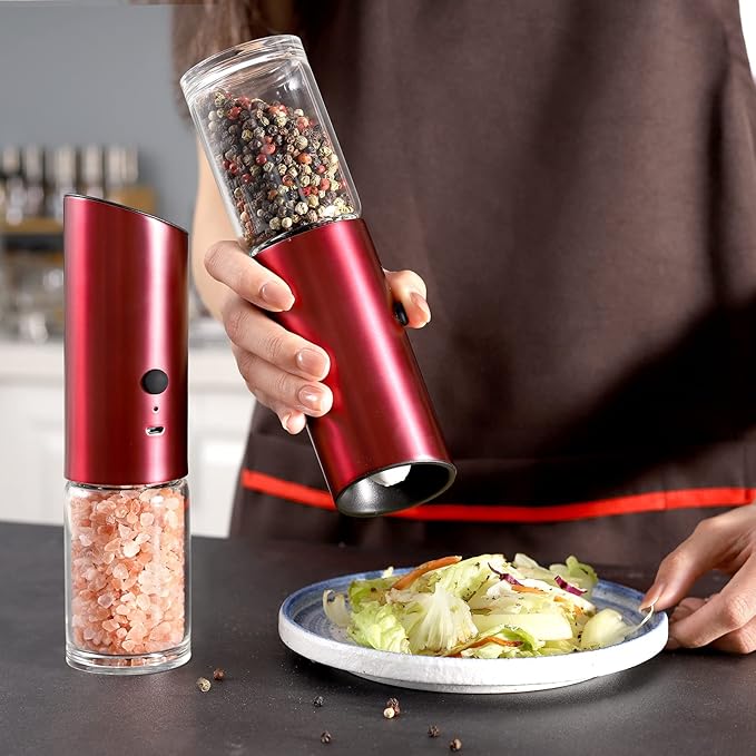 Vzaahu Gravity Electric Pepper and Salt Grinder Set of 2 Silver and Red- Rechargeable, Refillable, Adjustable Coarseness, Stainless Steel Salt Pepper Mill with LED light - One Hand Operation