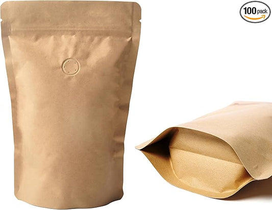 35 Ounce 100 Pieces Coffee Bags with Ziplock - High Barrier Natural Kraft Paper Stand up Coffee Pouches with Air Release/One Way Degassing Valve & Reusable Zipper (100, 35oz/2.2lb/1kg)