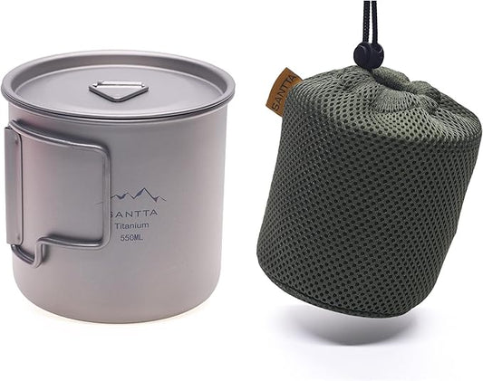 SANTTA Camp Cup MUG with Lid & Pouch, 18.6 oz Ultra Light Titanium Cup with Foldable Handle Camping Mug 550mL