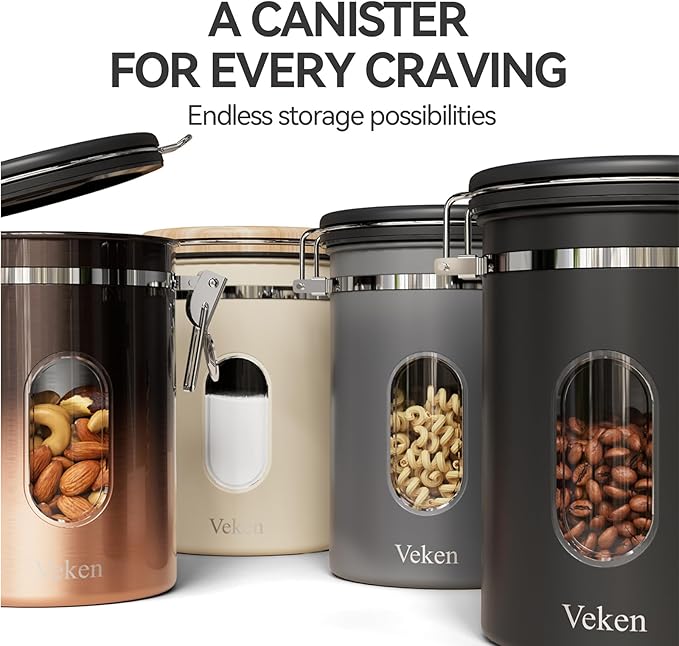 Veken Coffee Canister Gift Set with Window, Airtight Stainless Steel Kitchen Food Storage Container with Date Tracker and Scoop for Grounds Coffee, Beans, Tea, Flour, Cereal, Sugar, 22&16OZ,Black