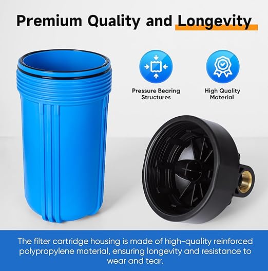 PUREPLUS 2-Stage Whole House Water Filtration System, 10" x 4.5" Universal Housing, NSF/ANSI 42 Certified Sediment & Carbon Block Filters, 1" Inlet/Outlet, Includes External Pressure Gauges