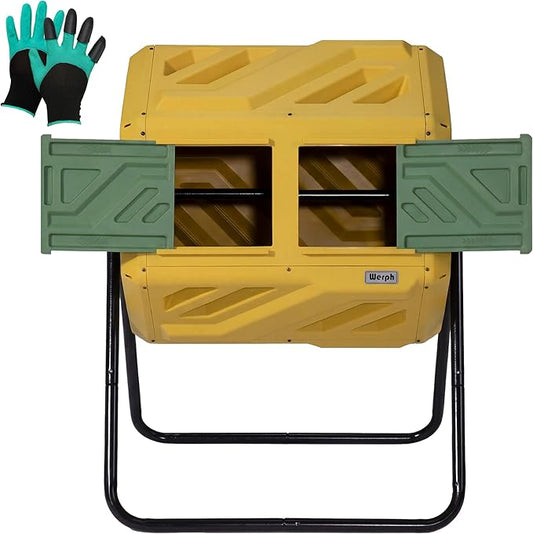 Updated 43 Gallon Dual-Chamber Compost Bin, Fast Assembly Outdoor Compost Tumbler, Rotating Batch Composter Bin with Gloves for Garden, Kitchen, and Yard