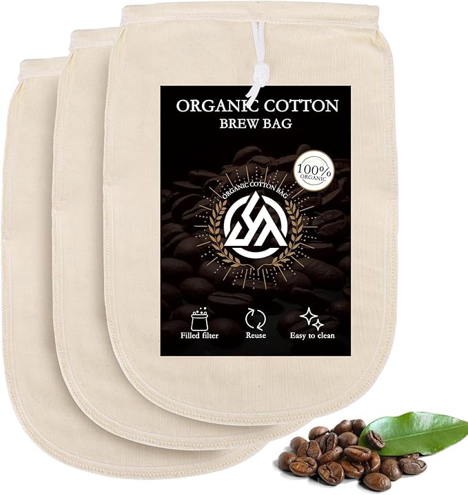 Reusable Cold Brew Coffee Bags, 100% organic cotton cold brew coffee filter bags, Mason Jar Cold Brew Bags, Washable Coffee Filter Pouch, Large 12"x8", 3 Pack, Beige