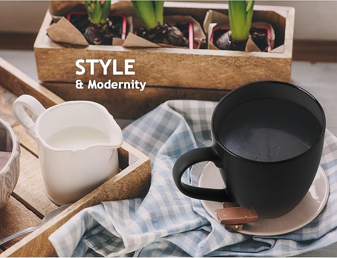 MIAMIO - Set of 6 Stoneware Coffee Mugs 12 Ounce/Cup Set - Le Papillon Collection (Black)