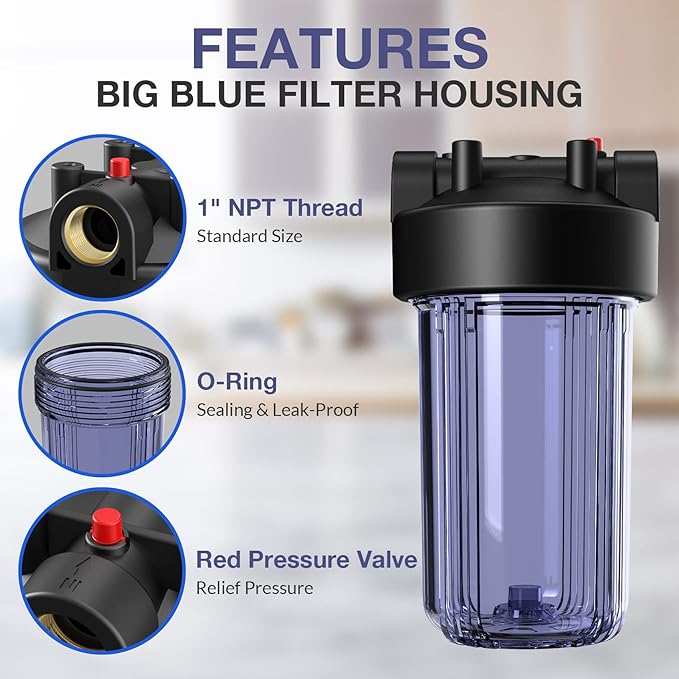 SimPure Whole House Water Big Filter Housing (DB10C), 10" x 4.5", Blue for Whole Home Water Filtration, Sediment Water Filter System for Well, 1" NPT Brass Port (Clear Housing)