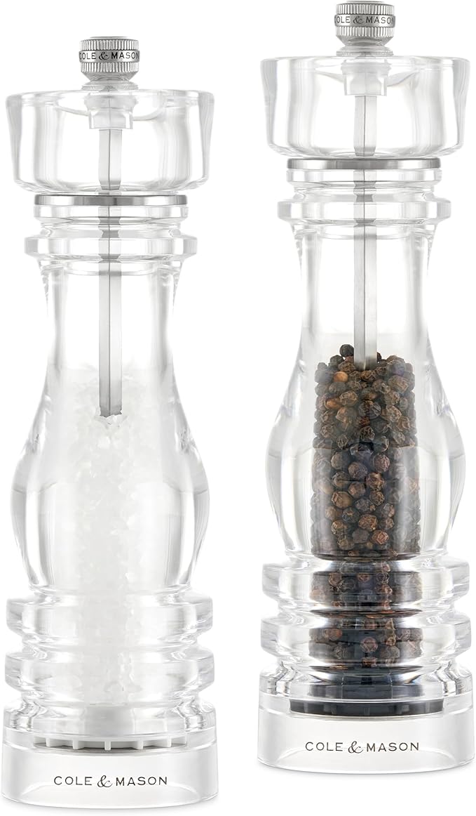Cole & Mason London Refillable Spice Mill - Kitchen & Home Accessory - Salt & Pepper Grinder Set - Salt Mill with Ceramic Mechanism - Pepper Mill with Carbon Steel Mechanism - 8", Acrylic