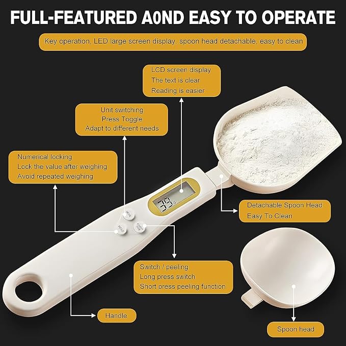 3T6B Digital Spoon Scale Electronic Measuring Spoon with 2 Replaceable Spoons, Food Coffee Weigh Scale High Precision for Home 500/0.1g, Digital Food Spoon Scale, Kitchen Scales with LCD Display