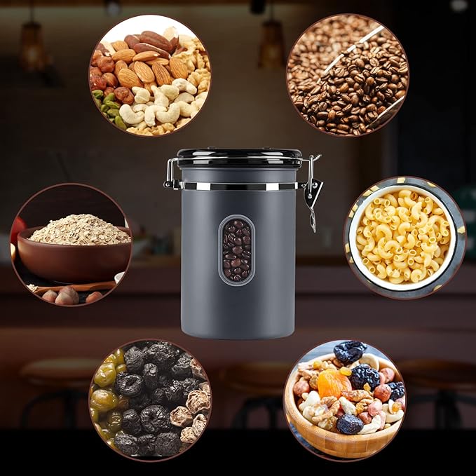 ROCKY&CHAO 2800ML Coffee Canister with Date Tracker&Transparent Window, 35OZ Coffee Container with 30ML Measure Spoon&4 co2 Valve, Coffee Bean Storage Container for Grounds Coffee, Beans, Tea(Gray)