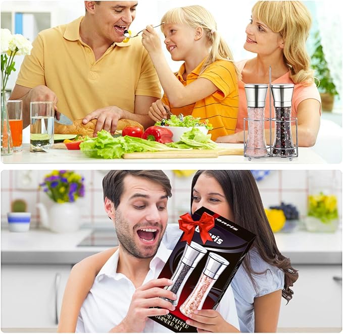 Professional Stainless Steel Salt and Pepper Grinder Set with Stand Manual Spice Adjustable Coarseness with Five Grinding Level Pepper Mill Grinders Shakers Gift Set with Silicone Funnel (Pack of 2)