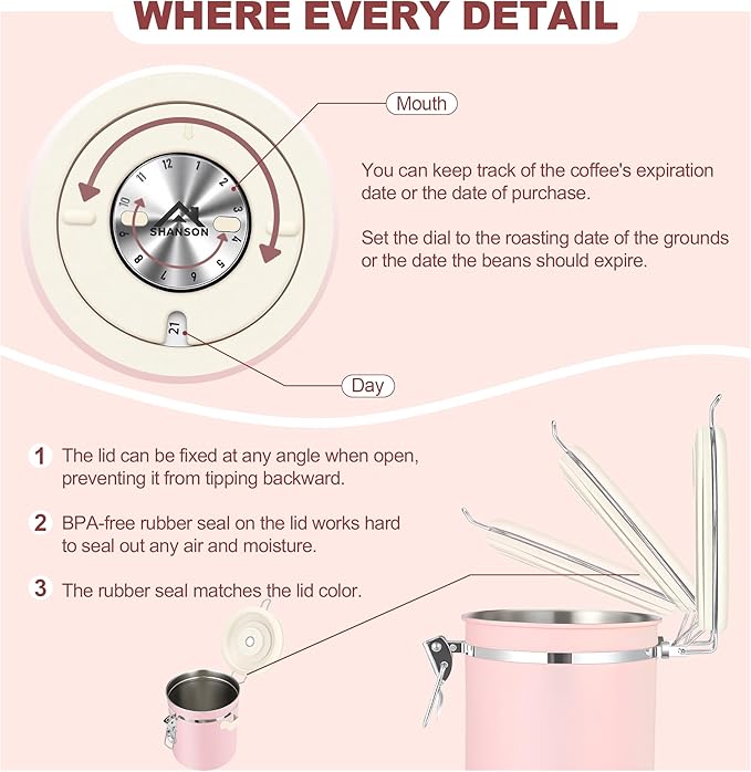 ShanSon Coffee Canister Airtight Coffee Container Stainless Steel Coffee Bean Storage Container with Scoop Coffee Canister for Beans Grounds Sugar Flour Tea Cereal,22OZ, Pink