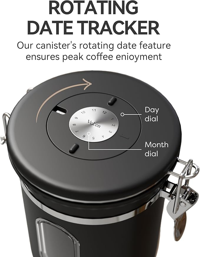 Veken Coffee Canister Gift Set with Window, Airtight Stainless Steel Kitchen Food Storage Container with Date Tracker and Scoop for Grounds Coffee, Beans, Tea, Flour, Cereal, Sugar, 22&16OZ,Black