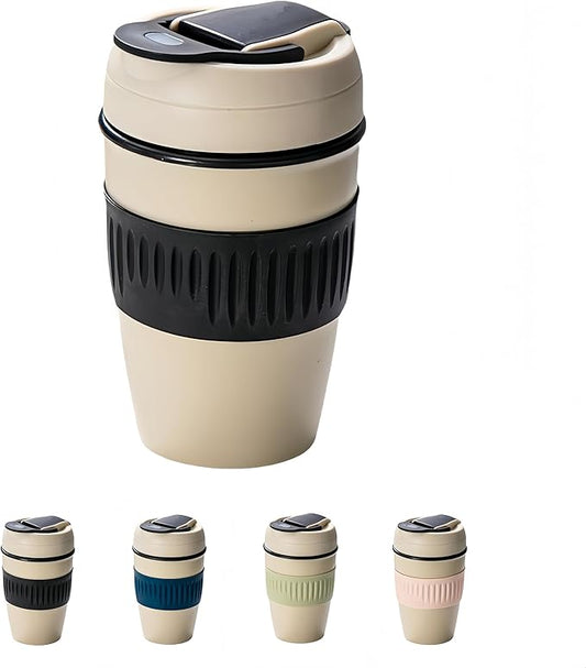 12oz Portable Vacuum Insulated Coffee Mug with Ceramic Inner, for Coffee, Flower Tea, Milk & Juice, Dual - Drinking, Leak - Proof (Black)