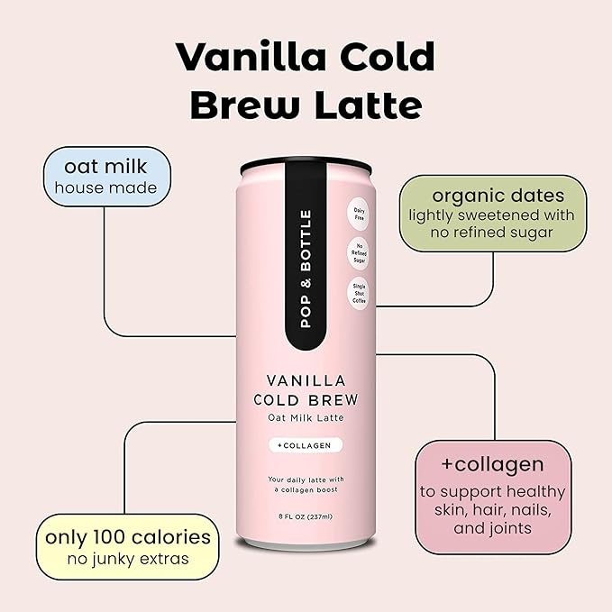 Pop & Bottle, Oat Milk Lattes - Cold Brew with Sustainably Sourced Marine Collagen, MCT Oil, Oat Milk, Organic, Dairy Free, Gluten Free, Great as Iced Coffee, Lightly Sweetened with Dates - Vanilla, 8 Fl Oz (12 Pack)