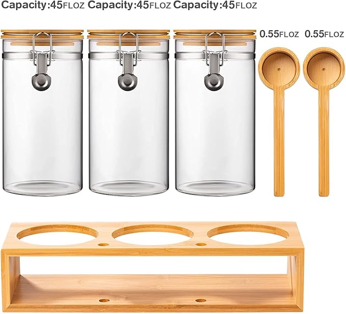 Yangbaga Glass Coffee Sugar Containers with Shelf, 3 x 45 OZ Coffee Bean Storage Station Organizer with Airtight Locking Clamp and Coffee Bamboo Scoop, Large Capacity Food Storage Jar for Kitchen