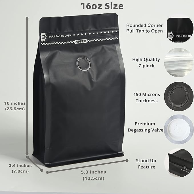 Black Coffee Bags with Valve (Pack of 100, 16oz/1 lb Size) - High Barrier Aluminum Foil - Flat Bottom Coffee Pouches with Rsealable Zipper & Easy Open Tape