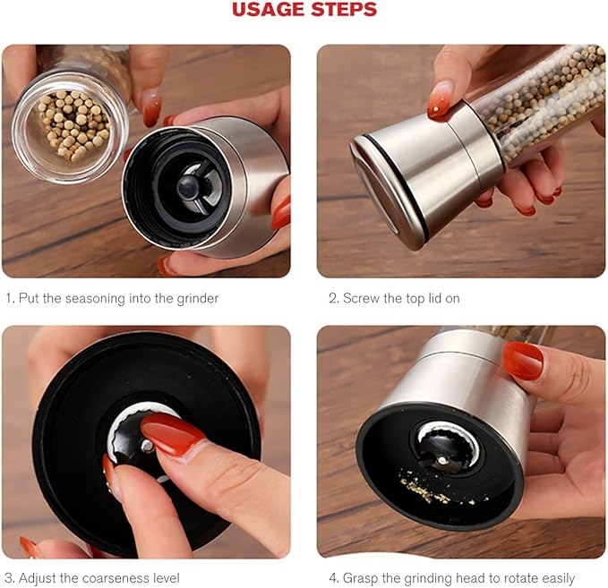 Professional Stainless Steel Salt and Pepper Grinder Set with Stand Manual Spice Adjustable Coarseness with Five Grinding Level Pepper Mill Grinders Shakers Gift Set with Silicone Funnel (Pack of 2)
