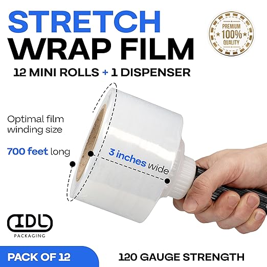 IDL Packaging 3" Stretch Wrap Mini Roll, 700 feet, 120 Gauge (Pack of 12) with a Plastic Handle Included – Industrial Grade Clear Plastic Wrap – Improved Protection for Packing, Moving, or Office