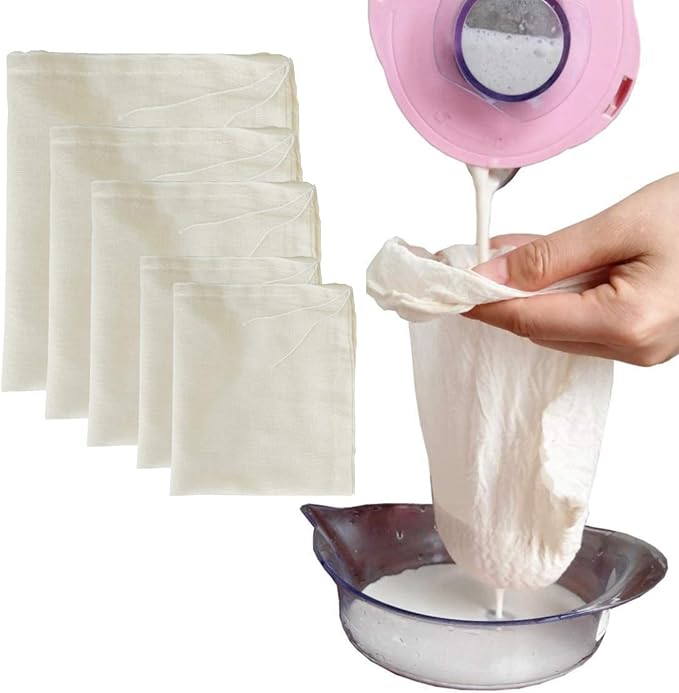 AUXIN Nut Milk Bags, 100% Cotton Cheesecloth Bags, Yogurt/Coffee/Tea Strainer, Reusable Almond/Oat Milk, Juice, Cold Brew Coffee, Food Grade, Reusable Washable Strainer (Mixed Size, 5 Pack)