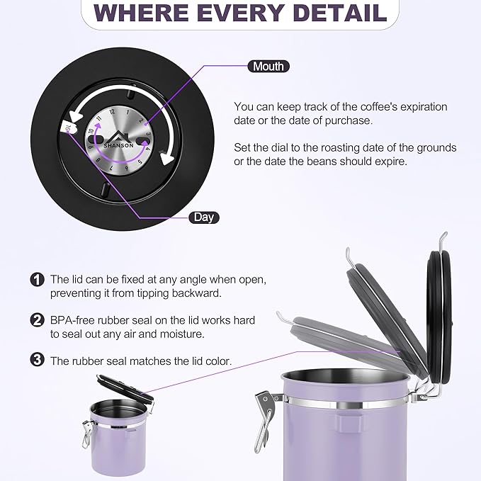 ShanSon Coffee Canister Airtight Coffee Container Stainless Steel Coffee Bean Storage Container with Scoop Coffee Canister for Beans Grounds Sugar Flour Tea Cereal,22OZ, Purple