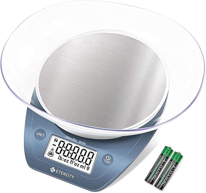 Etekcity 0.1g Food Scale, Bowl, Digital Grams and Ounces for Weight Loss, Dieting, Baking, Cooking, and Meal Prep, 11lb/5kg, Stainless Steel Prussian Blue