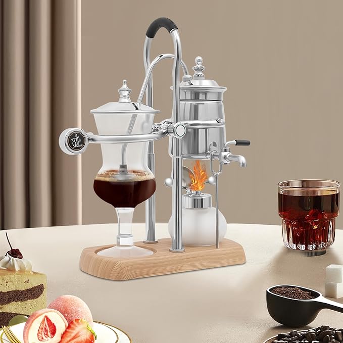 Siphon Coffee Maker, Manual Extract Coffee & Brew Tea Tool, Belgian/Belgium Coffee Brewer w/ Alcohol Burner, Commercial/Domestic Balance Vacuum Coffee Pot w/ Rotating Faucet, 9.25*4.72*14.96in Silver