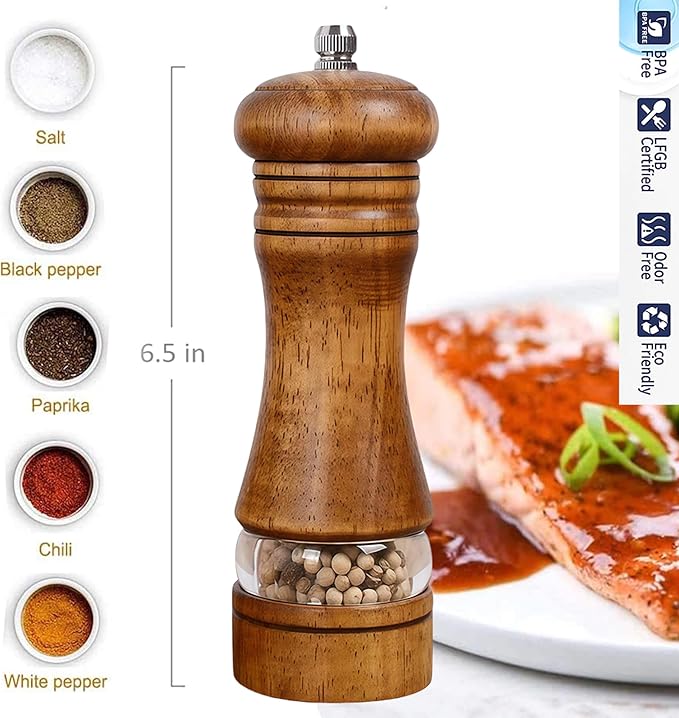 Wooden Pepper Grinder, Salt and Pepper Mills, Adjustable Coarseness with Ceramic Blades, With Visible Window