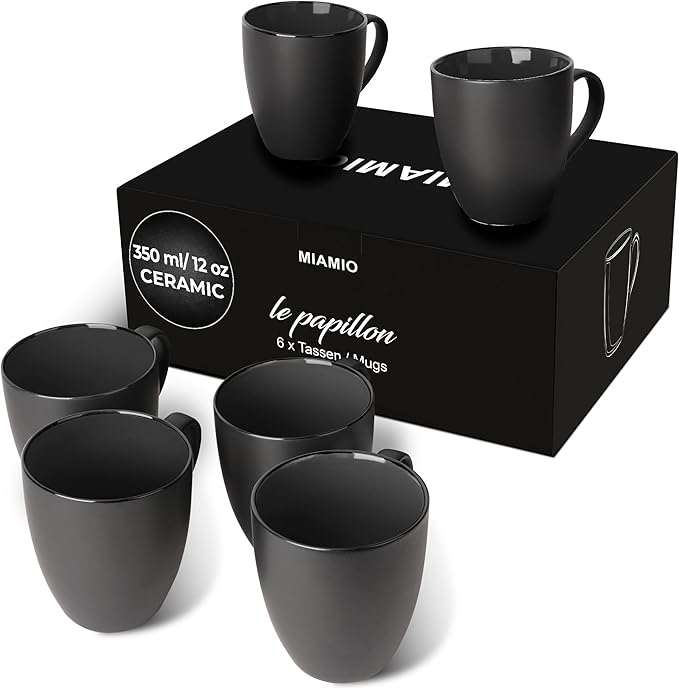 MIAMIO - Set of 6 Stoneware Coffee Mugs 12 Ounce/Cup Set - Le Papillon Collection (Black)