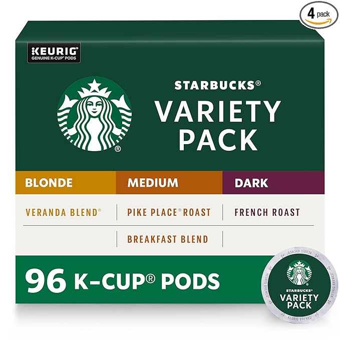 Starbucks K-Cup Coffee Pods, Starbucks Blonde, Medium and Dark Roast Hot or Iced Coffee, Variety Pack, 96 Keurig Pods