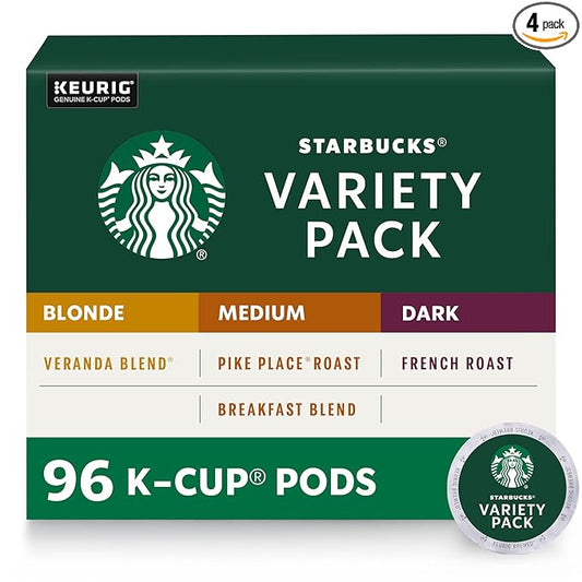 Starbucks K-Cup Coffee Pods, Starbucks Blonde, Medium and Dark Roast Hot or Iced Coffee, Variety Pack, 96 Keurig Pods