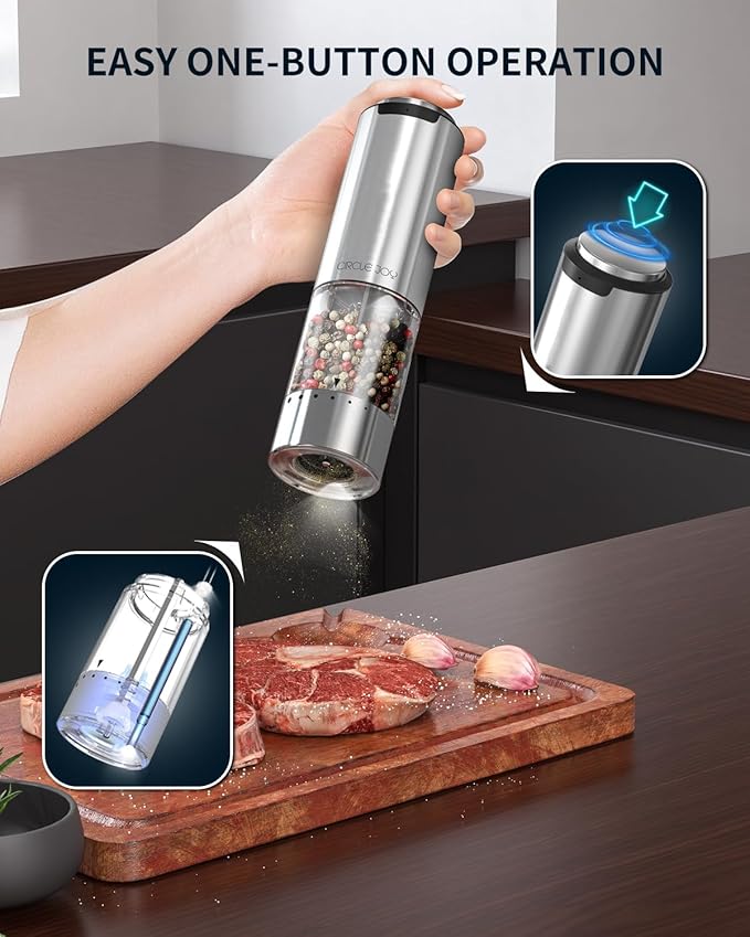 CIRCLE JOY Electric Pepper Grinder Stainless Steel Rechargeable Pepper Mill with External Adjustable Coarseness, 95ml Container and White LED Light, Silver