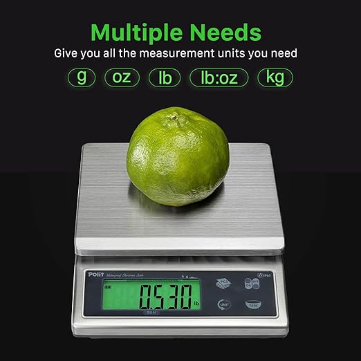 Polit Sun Rechargeable Food Scale for Kitchen13lb/6kg, 0.02oz/0.5g Precision IP65 Waterproof Kitchen Scale with LCD Display Stainless Steel Top, Grams & Ounces for Seafood, Baking & Restaurants