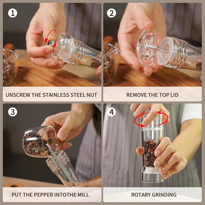 Acrylic Pepper Grinder Mill, Salt and Pepper Shaker Salt Grinder Pepper Mill, Refillable with Adjustable Coarseness Ceramic Rotor (6-inch)